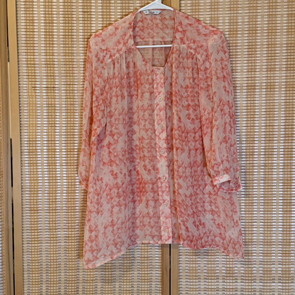 Cabi Womens Orange Geometric Diamond Print 100% Silk Button Front Blouse M Boho